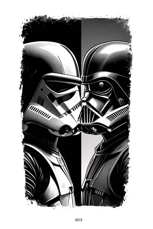 Create a tattoo of ashoka and vader side by side looking at the 501st trooper helmets. Clone Wars Style, Black and white tattoo design idea