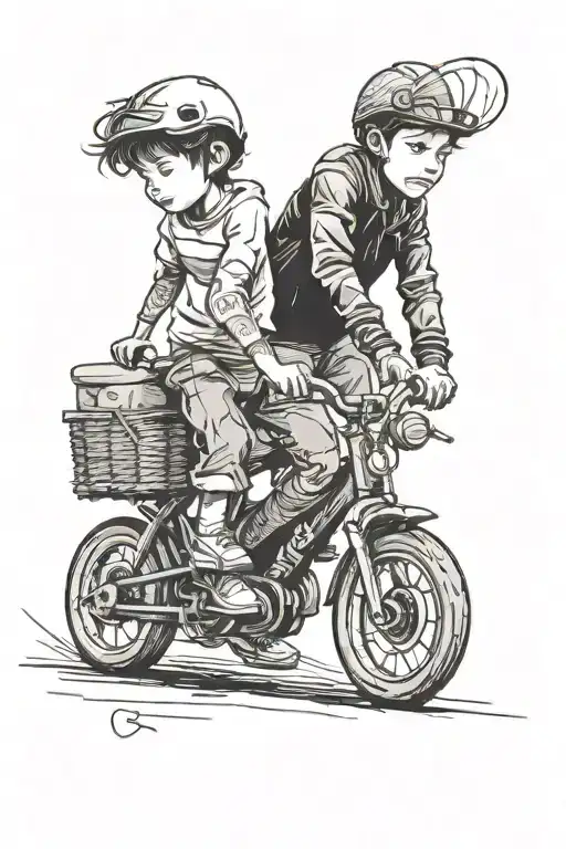 A child learning to ride a bike with the help of his father. tattoo design idea