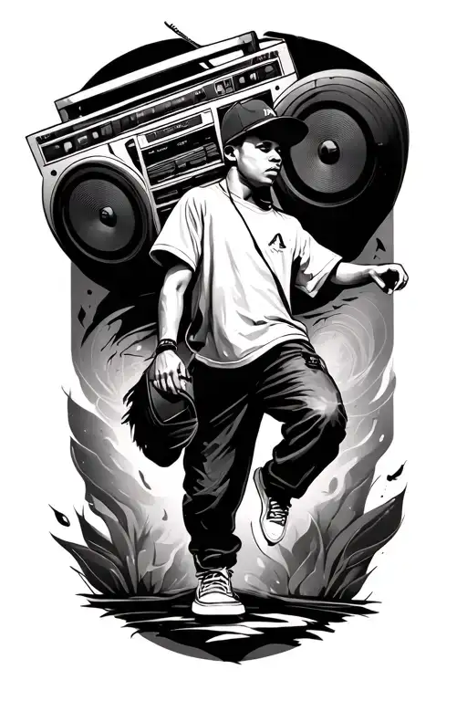 half sleeve tattoo with boombox and animated bboy dancer with contrast and realism tattoo design idea