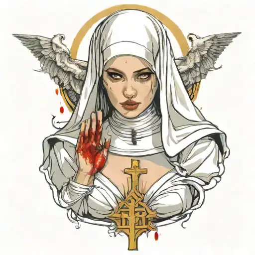 Sexy Nun, huge boobs,, revealing attire, seductive facial expressions, gold cross dripping blood, praying, tattoo design idea