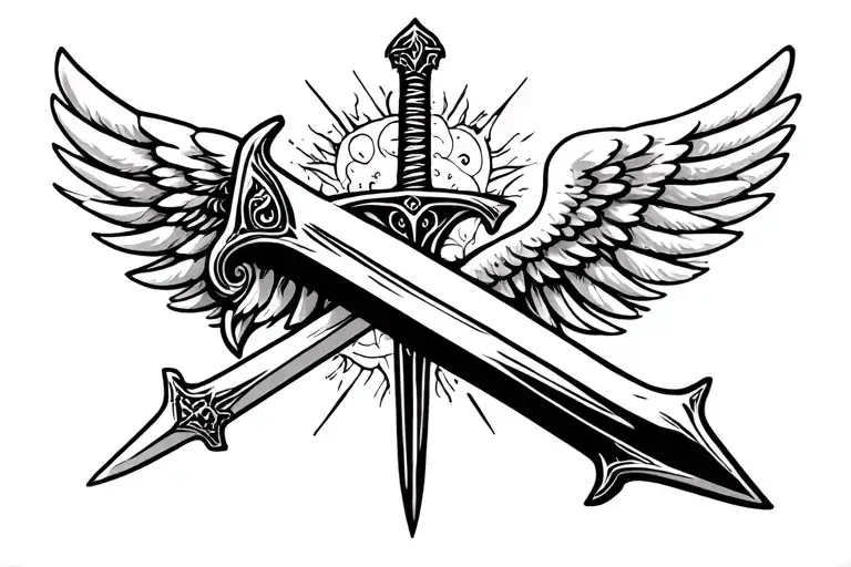 Mystical tattoos sword and black and white wings tattoo design idea