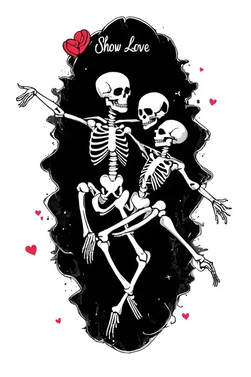 text "show love" with dancing skeleton under it tattoo design idea