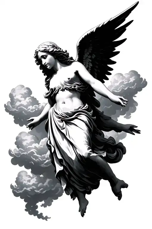 Angel in clouds floating tattoo design idea