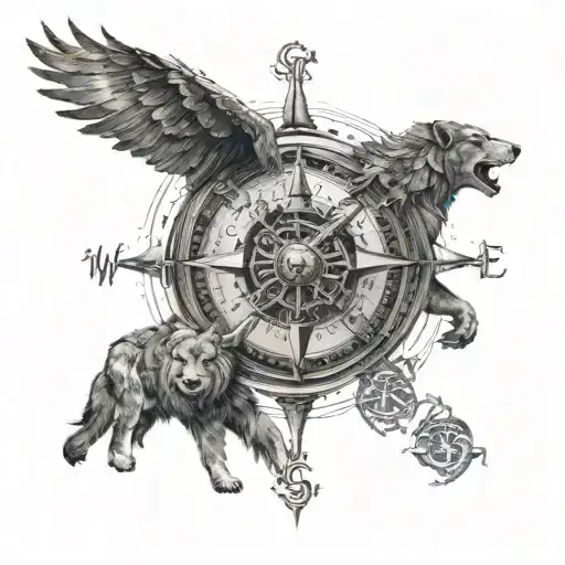 A detailed compass tattoo with a lion, wolf, and eagle surrounding it. This could symbolize your love for travel while i tattoo design idea
