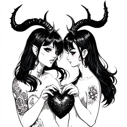 black thorny heart being caressed by two a blonde with horns and black hair with fox tail anime women with tattoos tattoo design idea
