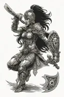 A feminine gladiator warrior adorned with spiritual symbols representing unity and strength tattoo design idea