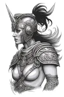A feminine gladiator warrior adorned with spiritual symbols representing unity and strength tattoo design idea