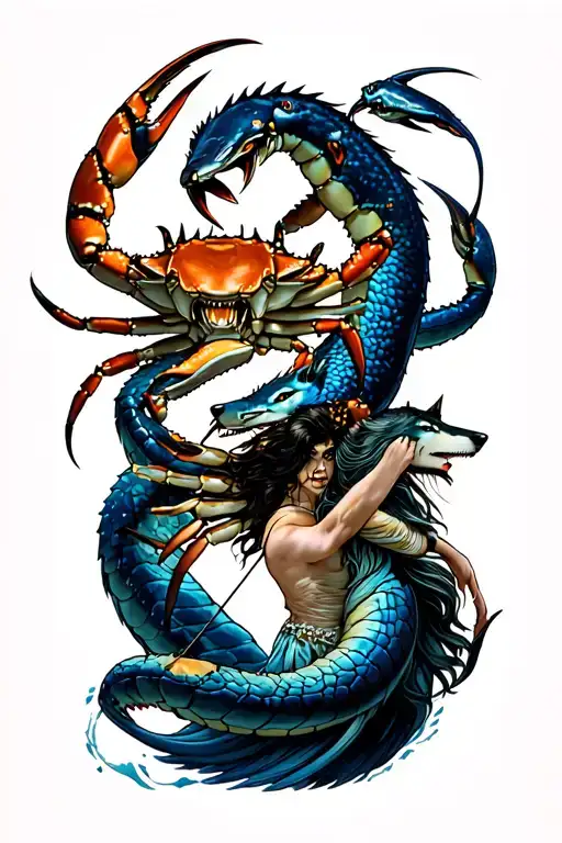 Mythical - bull, blue king crab, water serpent, twin timber wolves, emperor scorpion, female centor with a bow and arrow tattoo design idea