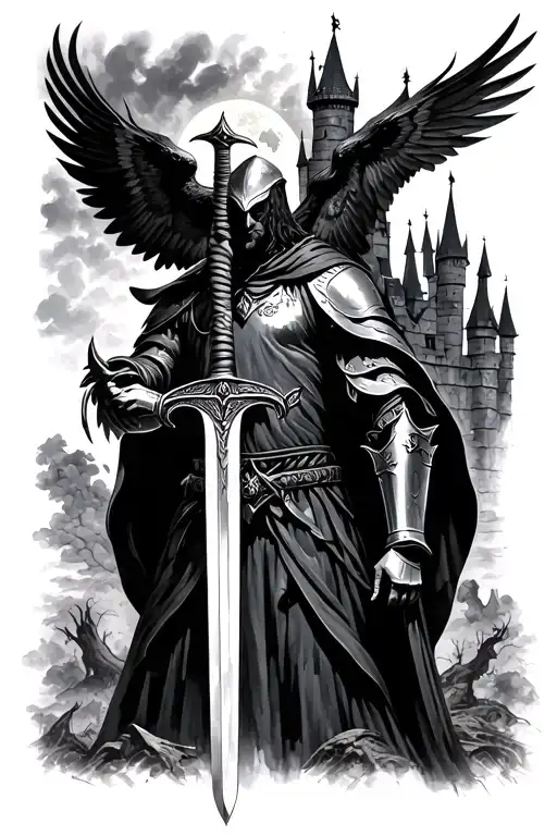Knight on the background of the castle with a sword, raven and moon tattoo design idea