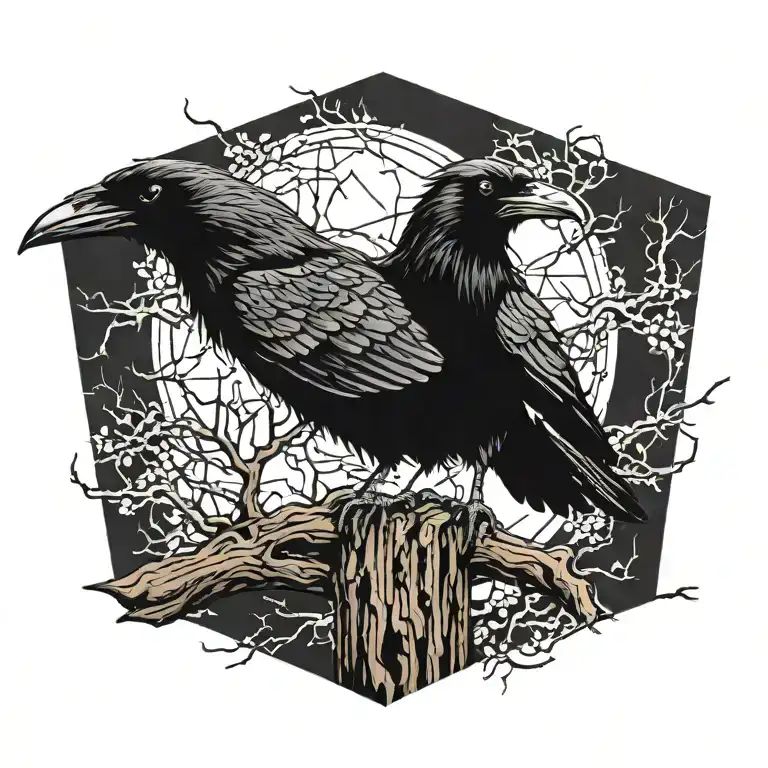 Cyberpunk raven setting on tree bark tattoo design idea