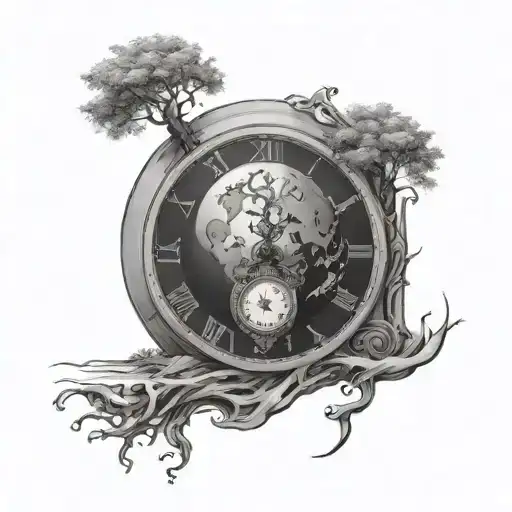 earth with a tree on top and a grandfather clock melting tattoo design idea