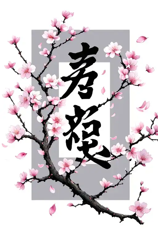 cherry blossom tree branch and petals falling amongst Japanese characters tattoo design idea