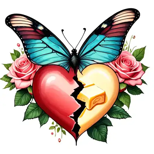 small broken heart with butter fly an roses blooming tattoo design idea