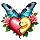 small broken heart with butter fly an roses blooming tattoo design idea