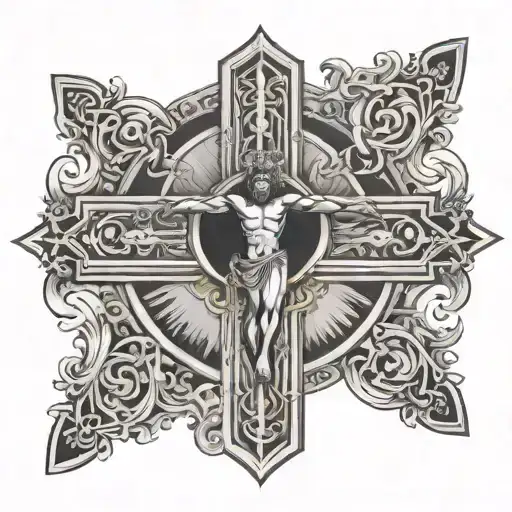 god in a cross with light and darkness tattoo design idea