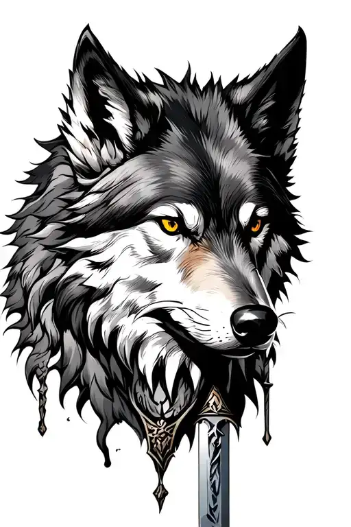Wolf, witcher, wild hunting, sword with a blade handle tattoo design idea