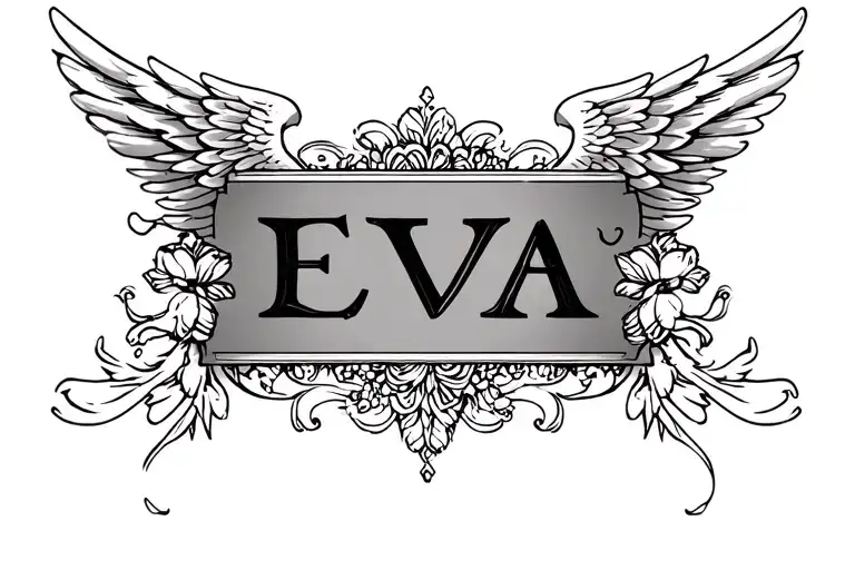 I need a sketch of a tattoo with the name Eva with a beautiful border or wings, a medium sized font in capitals but not tattoo design idea
