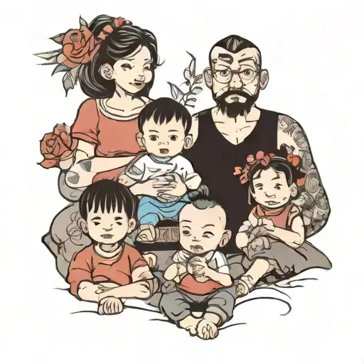a Father with his wife a young 19 years old boy 10 years old girl another 6 years old girl, another 3 years old boy  tattoo design idea