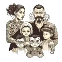 a Father with his wife a young 19 years old boy 10 years old girl another 6 years old girl, another 3 years old boy  tattoo design idea