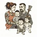 a Father with his wife a young 19 years old boy 10 years old girl another 6 years old girl, another 3 years old boy  tattoo design idea