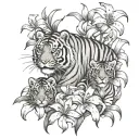 tiger and cubs surrounded by lily flowers tattoo design idea
