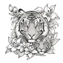 tiger and cubs surrounded by lily flowers tattoo design idea