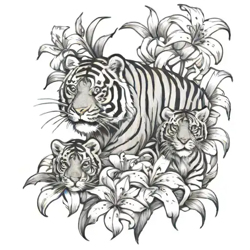 tiger and cubs surrounded by lily flowers tattoo design idea