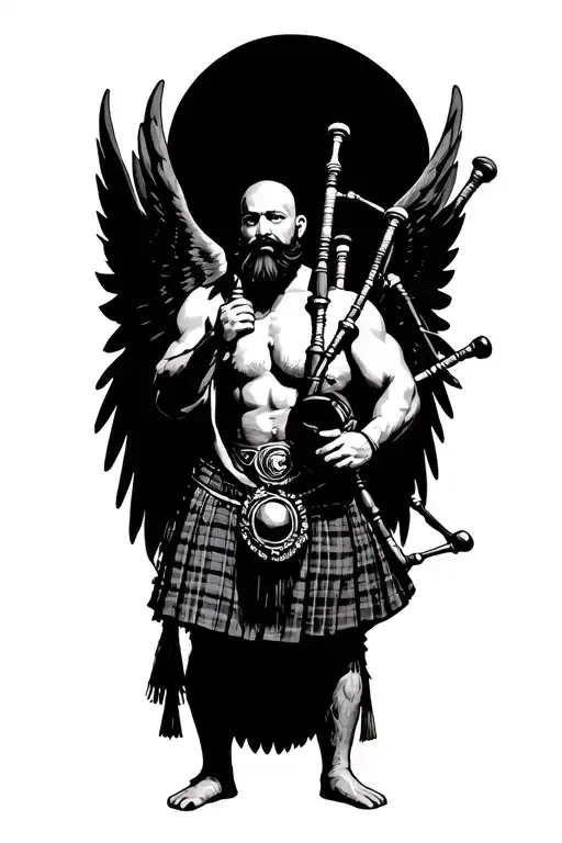 legless shirtless muscular bagpiper bald black beard playing bagpipes hoge black wings tattoo design idea