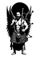 legless shirtless muscular bagpiper bald black beard playing bagpipes hoge black wings tattoo design idea