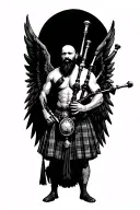 legless shirtless muscular bagpiper bald black beard playing bagpipes hoge black wings tattoo design idea