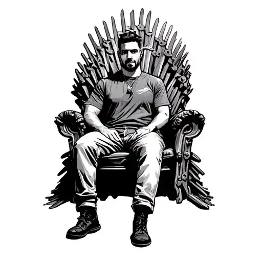A black and white stencil with some shading of: A man dressed in street wear sitting on an iron throne style armchair sm tattoo design idea