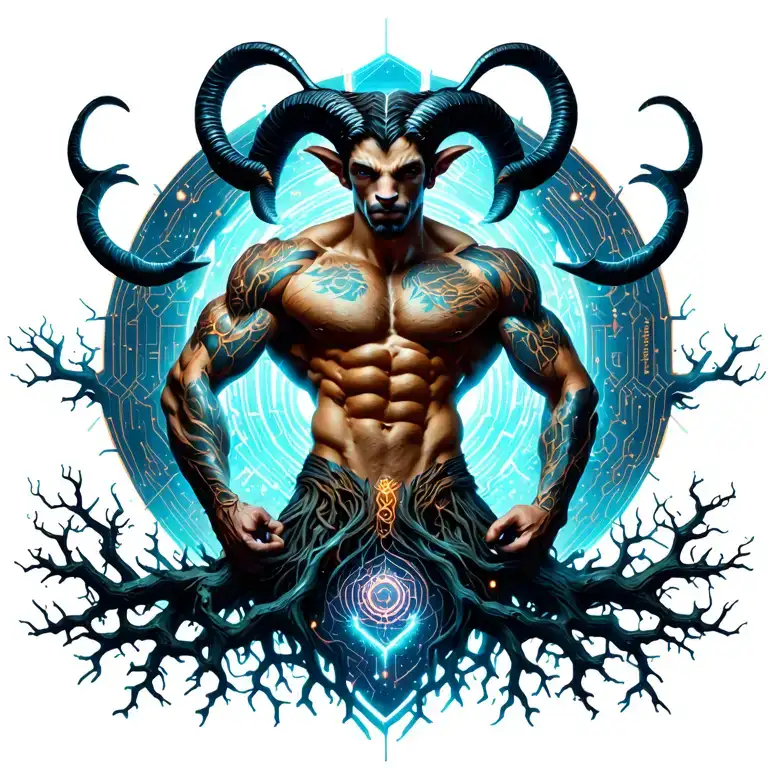 sexy gay male horned satyr with massive bodybuilder muscles flex. cyber tree roots, wild animals and constellations tattoo design idea