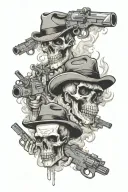 gangsters and mobsters holding guns and drugs with smokey skull cascading smoke tattoo design idea
