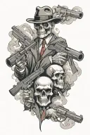 gangsters and mobsters holding guns and drugs with smokey skull cascading smoke tattoo design idea