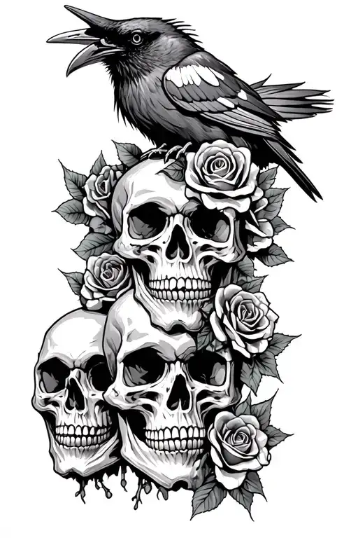 roses and skulls representing dark periods add in a full crow ontop of one of the skulls tattoo design idea