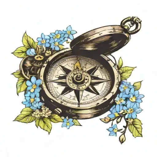 A compass surrounded by forget-me-not flowers, symbolizing the importance of remembering loved ones affected by dementia tattoo design idea