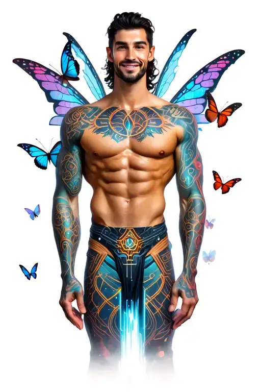 Gay male faery torso, massive bodybuilder musculature, kind smile. Around him are butterflies, rainbows. tattoo design idea