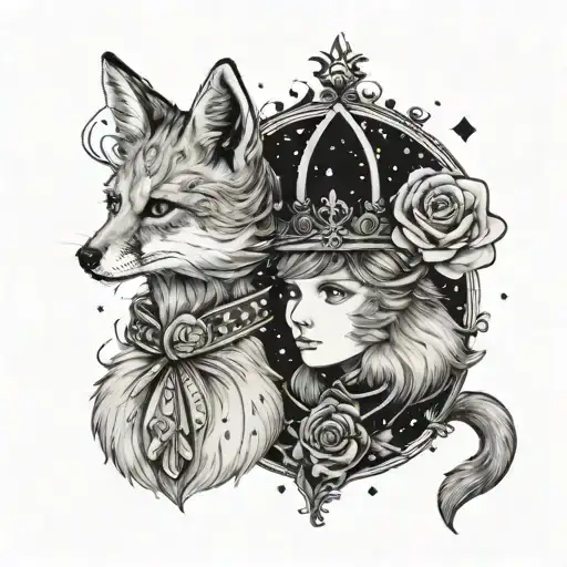 little prince  wearing a crown, together with a rose, and a fox, side by side looking at the galaxy tattoo design idea