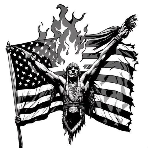 native warrior  ripping thru skin holding an upside down burning American flag wit AIM on top tattoo design idea