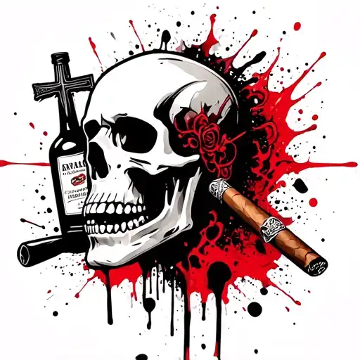 skeletal soldier's head, a christian cross,a bottle of alcohol and a cigar tattoo design idea