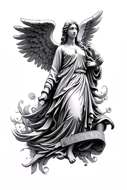 Angel statue with wing spread tattoo design idea