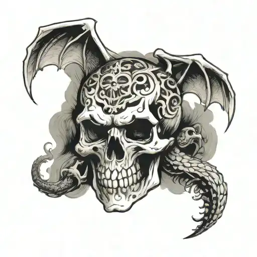 skull and dragon, dust clouds tattoo design idea