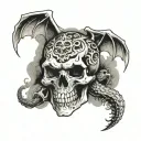 skull and dragon, dust clouds tattoo design idea