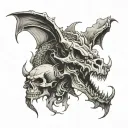 skull and dragon, dust clouds tattoo design idea