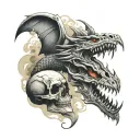 skull and dragon, dust clouds tattoo design idea