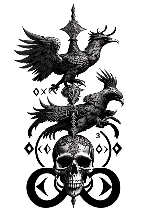 alpha and omega symbols, skulls and phoenixes in the form of a totem tattoo design idea