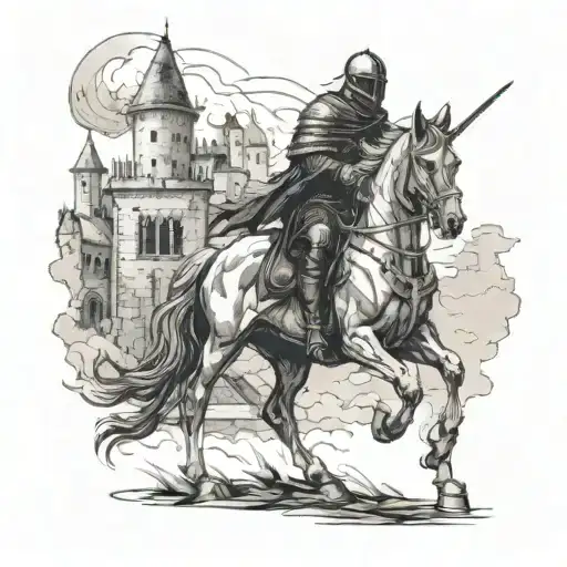 A dark and mysterious scene of a ghostly figure of a dead knight haunting a horse in a medieval war setting, with burned houses and destroyed castles in the background tattoo design idea
