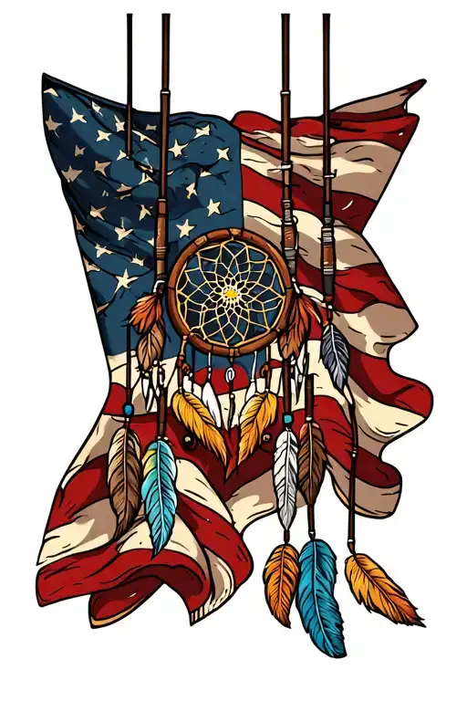 American flag bandana with fishing poles and dream catcher tattoo design idea