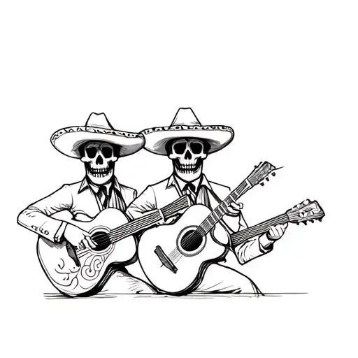 three mariachi players guitars skulls tattoo design idea