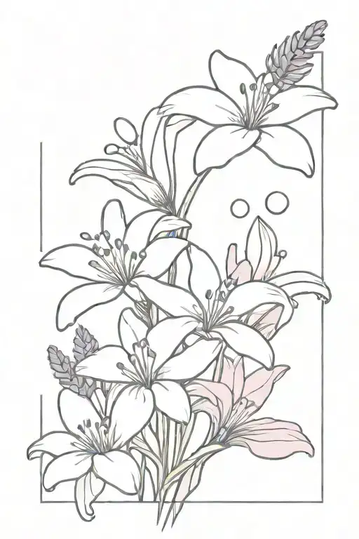 bouquet of daisies, lillies and lavender with 4 bubbles floating around the flowers (2 overlapping) tattoo design idea